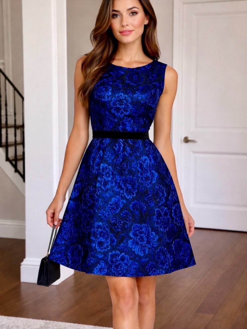 Sleeveless Floral Fit-and-Flare Mini Dress in Cobalt Blue